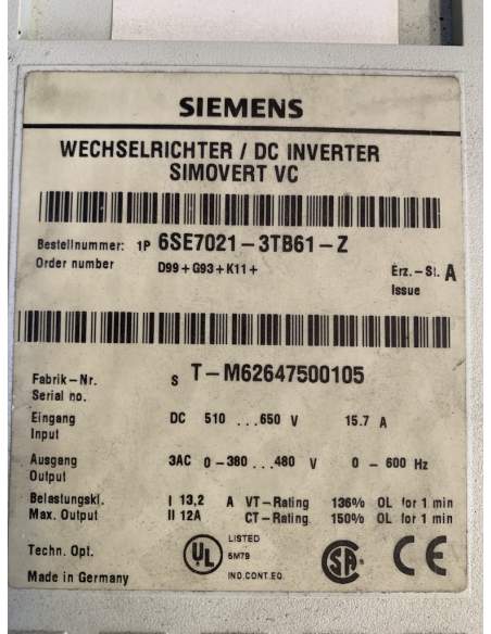1 x Inverter Siemens SIMOVERT Masterdrive 6SE7021-3TB61-Z