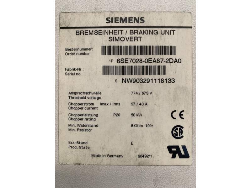 1 x SIEMENS SIMOVERT BREAKING UNIT  model 6SE7028-0EA87-2DA0