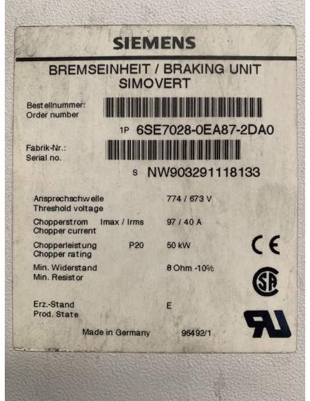 1 x SIEMENS SIMOVERT BREAKING UNIT  model 6SE7028-0EA87-2DA0
